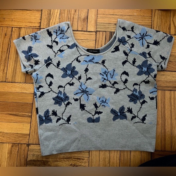 Club Monaco Floral  Wool Knit Short Sleeve Top Gray Blue Size L - Casual Spring - Picture 4 of 9